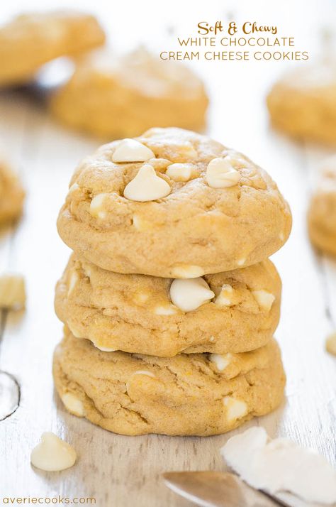 Soft and Chewy White Chocolate Cream Cheese Cookies White Chocolate Cream, Cookie Sandwich, Averie Cooks, Cream Cheese Cookies, Cheese Cookies, Chocolate Cream Cheese, Chocolate Cream, Yummy Sweets, How Sweet Eats