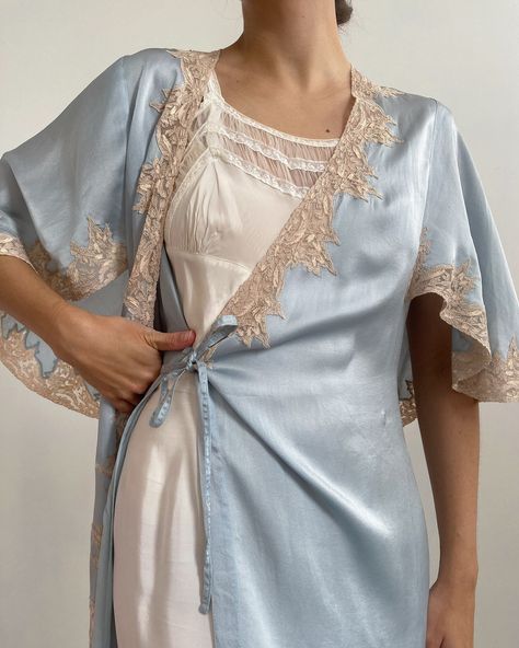 1930s in the shop 💕 Blue Silk Robe, Vintage Loungewear, Vintage Pajamas, Veil Accessories, Beachwear Collection, Silk Robe, Pretty Lingerie, Blue Silk, Ice Blue