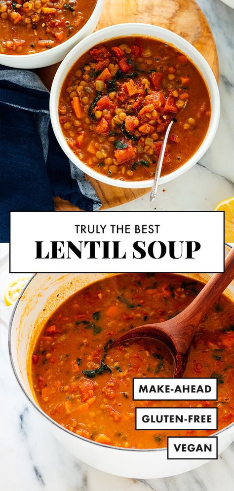 Meet my FAVORITE lentil soup recipe! It's hearty, nutritious and happens to be vegan. If you're trying to eat better this year, this soup is the perfect start. #lentilsoup #souprecipe #vegan #vegetarian #glutenfree #cookieandkate Vegan Lentil Soup Recipes, Best Lentil Soup, Best Lentil Soup Recipe, Lentil Soup Recipe, Vegan Lentil Soup, Lentil Soup Recipes, Lentil Recipes, Eat Better, Lentil Soup