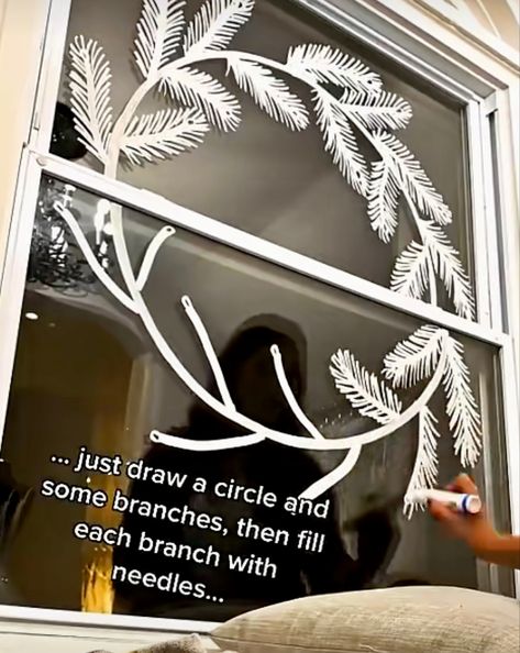 Use twine to draw a circle with window marker, add branches, then needles! Christmas Window Marker Art, Christmas Window Marker Ideas, Window Marker Art Christmas, Window Markers, Christmas Window Painting, Glass Cookie Jars, Window Wreath, Window Drawing, Wreath Drawing