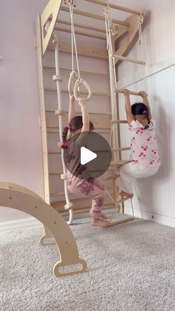 Naomi Vega | Content Creator on Instagram: "Things we do while our girls are in preschool 😆  We set up this cute play gym set from @woodandhearts in their playroom and they’ve been loving it!!! Perfect for rainy days like today so they can burn off all that toddler energy 🤭" Girl Toddler Playroom, Toddler Girl Playroom, Soft Playroom, Girls Playroom Ideas, Kids Gym Room, Kids Indoor Gym, Toddler Gym, Girls Playroom, Kids Gym