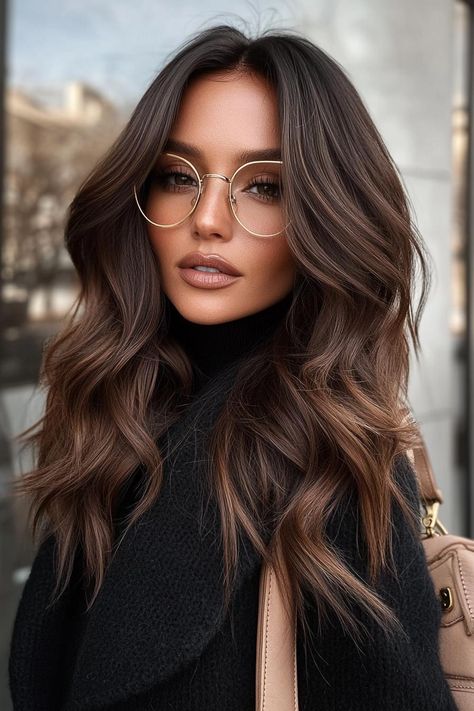 winter hair color, cozy hair, chic hair Winter Hairstyles For Brunettes, Fall/winter Brunette Hair, Fall Hair Color For Brunettes With Bangs, Hair Color Ideas For Brunettes Winter, Winter Brunette Hair Color, Brown Winter Hair, Long Wavy Brown Hair, Silvery Blonde Hair, Silvery Blonde