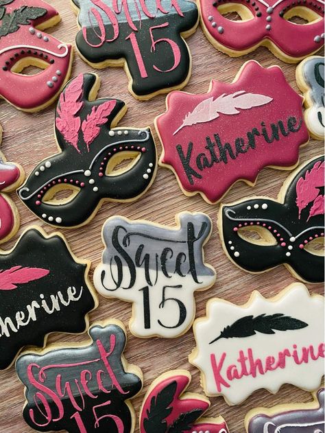 Quinceañera Masquerade Masks Sugar Cookies. Burgundy,  Silver, Black and White. Masquerade Ball Dessert Table, Masquerade Cookies Decorated, Masquerade Sweet 16 Ideas Decoration, Masquerade Treats, Masquerade Quinceanera Theme, Masquerade Sweet 16 Ideas, Masquerade Cookies, November Party, Masquerade Party Themes