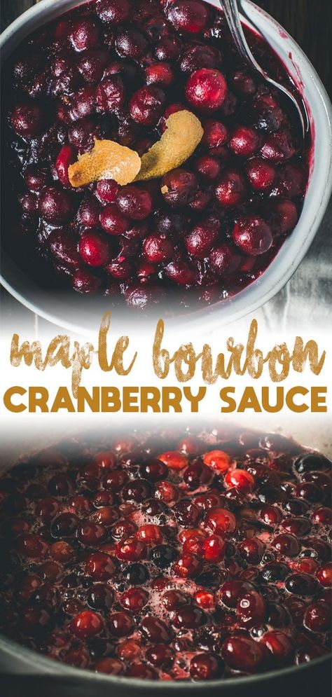 Maple Bourbon Cranberry Sauce is maple syrup sweetened cranberries simmered into a jam with a musky bourbon flavor. This decadent sauce is perfect to serve over roasted turkey, chicken, or pork and great for Thanksgiving. #maple #bourbon #cranberry #sauce Maple Bourbon Cranberry Sauce, Cranberry Sauce Bourbon, Cranberry Sauce Sandwich, Bourbon Cranberry Sauce, Maple Cranberry Sauce, Cranberry Recipe, Cranberry Sauce Thanksgiving, Butter Mashed Potatoes, Bourbon Sauce