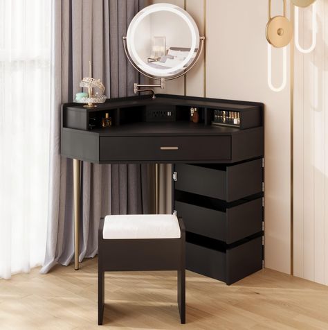 PRICES MAY VARY. 【Perfect Vanity Set】 Corner makeup table is the perfect complement to the corner of your room. The vanity set with stool is an essential piece of furniture in your bedroom! With large smooth tabletop, 1 big drawer and 3 small drawers, it provides ample storage space to store cosmetics, jewelry, and other small items. This dressing table decorates your home with its classy looks. 【Movable Mirror With 3 Colors of LED Lights】 The mirror can be moved and rotated 360°. It can be move Corner Vanity Makeup, Small Corner Vanity, Small Vanity Ideas Bedroom, Movable Mirror, Corner Dresser, Basic Room, Corner Makeup Vanity, Lights Makeup, Dressing Table With Drawers