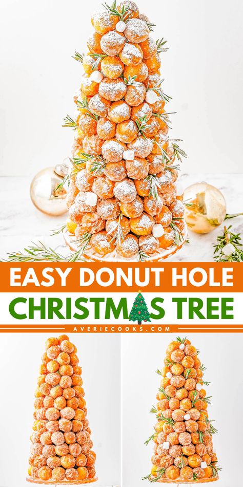 A perfect Christmas dessert idea! This Christmas donut hole tree must be on your list of sweet treats to make at home. No matter how you decorate this DIY Donut Hole Christmas Tree, it's a festive centerpiece for your table! Donut Hole Tree Diy, Powdered Donut Tree, Donut Holes Christmas Tree, Diy Donut Ornaments, Munchkin Donut Tree, Donut Tower Christmas, Donut Hole Christmas Tree Diy, New Years Donut Ideas, Doughnut Hole Christmas Tree