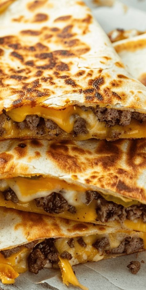 Cheeseburger Quesadillas [35 Minutes] – Chasety Cheeseburger Quesadillas, Cheeseburger Quesadilla, Cheesy Quesadilla, Crispy Fry, Low Carb Tortillas, Steak Fajitas, Meat Substitutes, Cross Buns, Fresh Salads