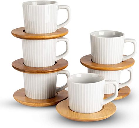 Amazon.com: TRSPCWR Porcelain Espresso Cup Set with Bamboo Saucers, Stripe Ceramic Tea Mug Coffee Cups 6pcs 3.4oz Gray : Home & Kitchen English Tea Set, Cafe Cup, Porcelain Espresso Cups, Ceramic Tea Set, Espresso Cups Set, Coffee Cup Set, Backyard Play, Soup Mugs, Coffee Packaging