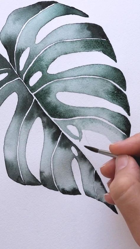 Monstera leaf watercolor tutorial by Ang?le Kamp... Watercolor Monstera Leaf, Monstera Plant Watercolor, Monstera Watercolor Painting, How To Draw Monstera Leaf, How To Paint A Leaf, Watercolor Plant Paintings, Cool Watercolor Ideas Easy, Go Green Drawing, How To Use Watercolor Paint