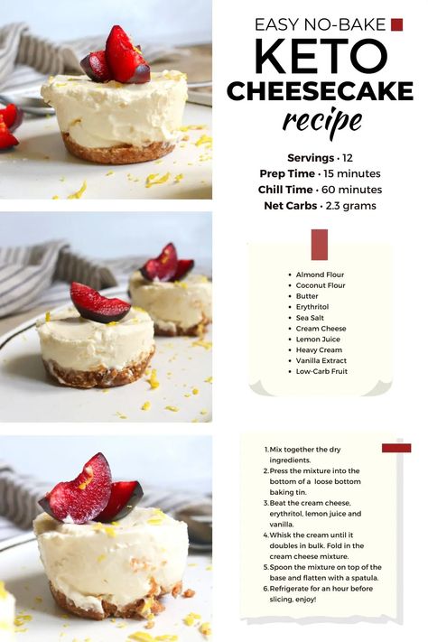 Easy No Bake Keto Cheesecake Recipe No Bake Keto Cheesecake, Best Keto Cheesecake Recipe, Keto No Bake Cheesecake, Cheesecake Toppings, Postre Keto, Low Carb Fruit, Low Carb Cheesecake, Guilt Free Dessert, Easy No Bake