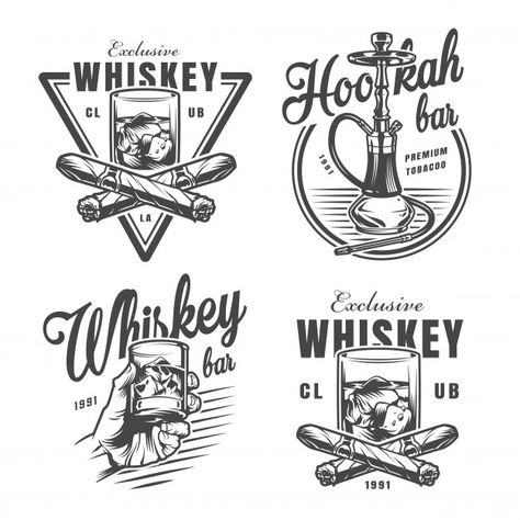 Vintage monochrome whiskey bar emblems F... | Free Vector #Freepik #freevector #logo #smoke #bar #ice New Png, Whiskey Logo, Nautical Logo, Vintage Whiskey, Whiskey Bar, Bar Logo, Funny New, Svg Funny, Vintage Logo