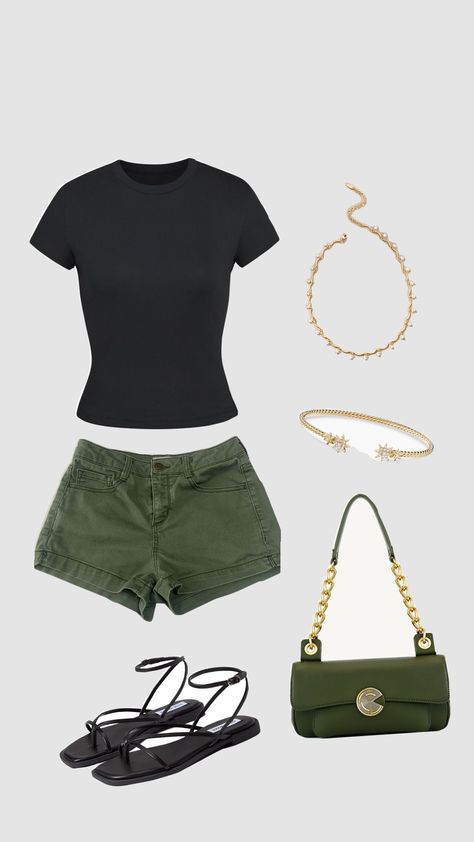 #green #black #summer #outfit #simple Like Green Shorts Outfit, Outfit With Green Shorts, Green Shorts Outfit, Pink Top Outfit, Casual Everyday Outfits, Hiking Ideas, Denim Shorts Outfit, Outfit Simple, Outfit Tips