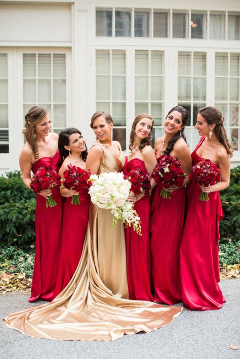 Bridesmaids in Floor Length Red Dresses | Mila Bridal | Flyaway Hair Studio | Glow Skincare and Makeup | Event Studio https://www.theknot.com/marketplace/event-studio-purcellville-va-749099 | Katelyn James Photography https://www.theknot.com/marketplace/katelyn-james-photography-manakin-sabot-va-358734 Hufflepuff Wedding, Hp Nursery, Red Bouquets, Makeup Event, Flyaway Hair, Spring Wedding Outfit, Red Weddings, Event Studio, Nontraditional Wedding Dress