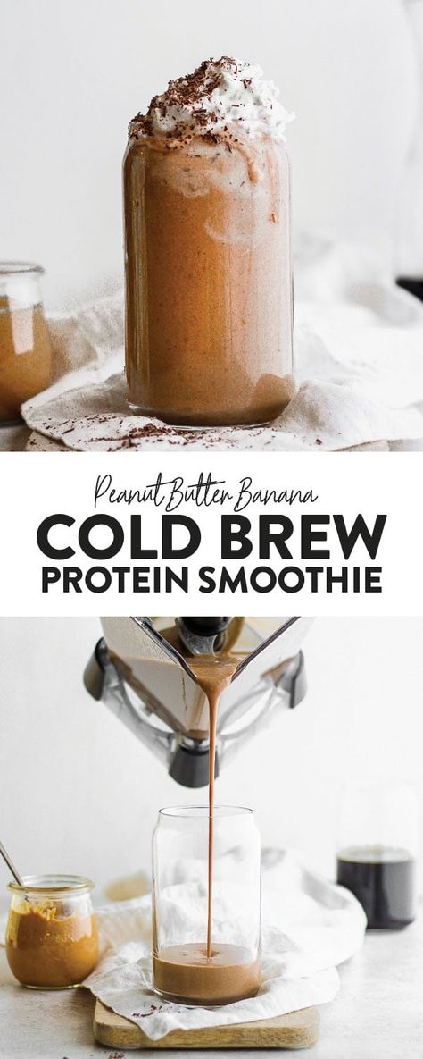 Start your day off right with this Peanut Butter Banana Cold Brew Protein Smoothie! If you love the peanut butter banana combination with an added boost of protein, then you will love this healthy breakfast smoothie! Add your favorite scoop of protein to this smoothie and you are set for the day. I bet you have all the ingredients in your kitchen, right now! Peanut Butter Coffee, Smoothie Bowl Vegan, Coffee Protein Smoothie, Smoothie Protein, Smoothies Vegan, Coffee Protein Shake, Fit Foodie Finds, Protein Coffee, Peanut Butter Smoothie