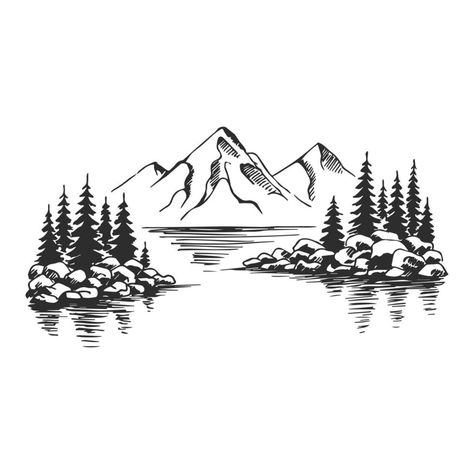 Mountain And Lake Tattoo Simple, Mountain And Lake Drawing, Rustic Sketches, Forest Sketch Simple, Mountain Background Drawing, Mountain Scene Drawing, Mountain Drawing Sketches, Lake Doodle, Black And White Landscape Drawing