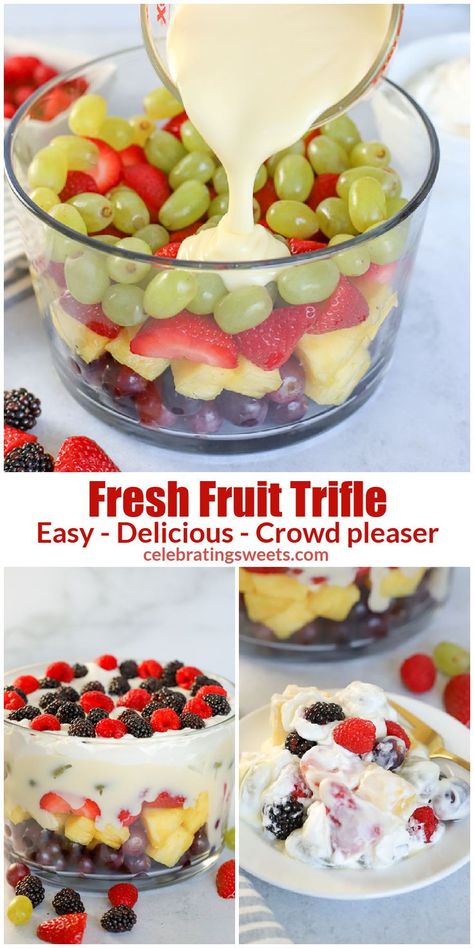 Layers of fresh fruit topped with homemade vanilla pudding and whipped cream. A beautiful and crowd-pleasing side dish or dessert. Fresh Fruit Trifle, Fruit Cool Whip Dessert, Fruit Pudding Dessert, Easy Trifle Desserts, Vanilla Pudding Fruit Salad, Pudding Salads, Instant Pudding Desserts, Fruit Salad With Vanilla Pudding, Triffle Recipe