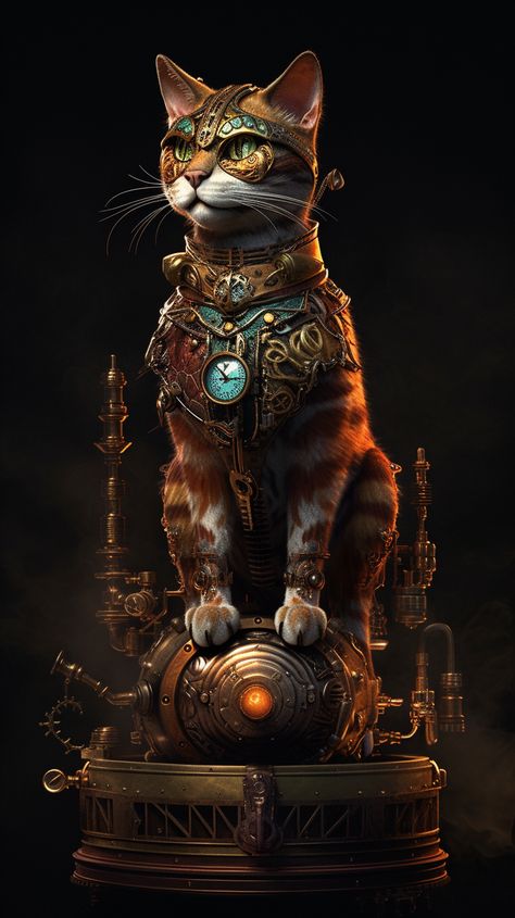 Steampunk cat created with AI by Amanda Church Cheshire Cat Steampunk, Steampunk Cat Tattoo, Positive Artwork, Steampunk Creatures, Cat Armor, Steampunk Horse, Steampunk Animals Art, Steam Punk Animals, Steampunk Cat Art