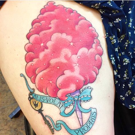 My Bioshock Infinite cotton candy tattoo! Cotton Candy Tattoo Ideas, Candy Land Tattoo Ideas, Cotton Candy Tattoo, Candyland Tattoo, Cotton Candy Art Food, Cotton Candy Accessories, Pastel Tattoo, Candy Tattoo, Candy Ideas