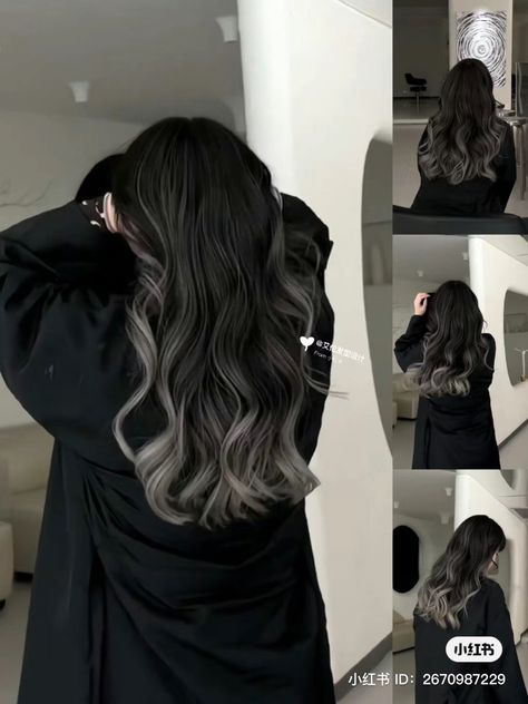 Dye Black Hair Ideas, Black Hair Dye Inspiration, Black Hair With Silver Ends, Black And Blonde Hair Balayage, Hair Color With Black Hair, Black Hair With Frosted Tips, Silver Ends Hair, Black Hair Ash Highlights, Dye Hair Tips