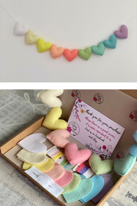 Sewing Felt Projects For Beginners, Easy Felt Sewing Projects For Kids, Craft Kits To Sell, Felt Crafts To Sell, Simple Felt Sewing For Kids, Felt Rainbow Pattern, Kit Gift Ideas, Kids Craft Kits, Felt Bunting Nursery