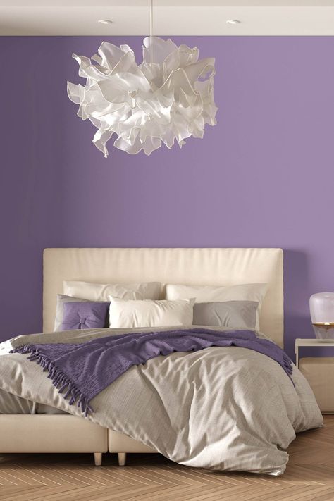 Bedroom Lilac Walls, Purple Bedroom Wall Ideas, Light Purple Room Ideas Bedrooms, Purple And Cream Bedroom, Lavender Accent Wall Bedroom, Purple And White Room Ideas, Lilac Walls Bedroom, Lavender Walls Bedroom, Light Purple Walls Bedroom