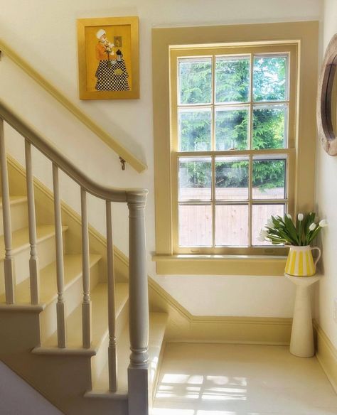 Yellow Stairs, Dix Blue, Dusty Yellow, Wimborne White, Oval Room Blue, Metallic Wallpaper, Paint Colours, Soft Yellow, Striped Wallpaper