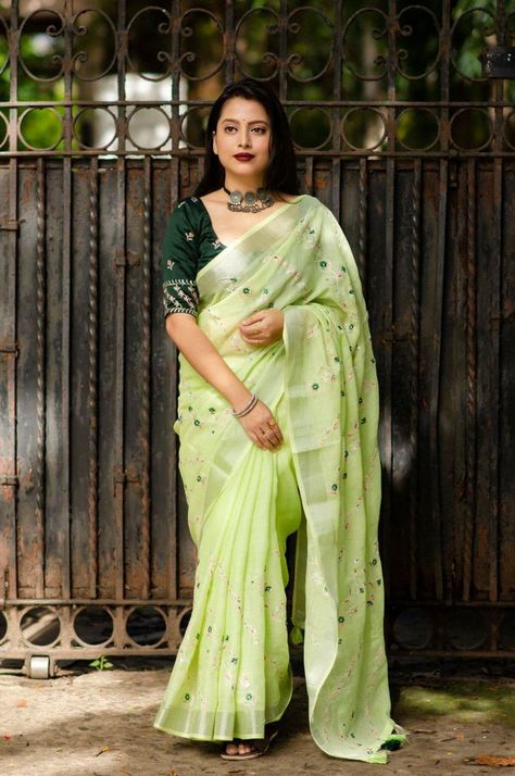 Rate- 1150/- free ship Launching beautifully designed new catlog of linen sarees. #classiclinen Ak- traditional linen Quality- soft linen saree with different types of emboridary on various colors Cotton tassels on pallu Blouse- contrast phantom silk blouse with matching emboridary. Length- Saree- 5.5 meters Blouse- 1 meter Different Types Of Sarees, Light Green Saree, Saree Contrast Blouse, Light Green Blouse, Jute Sarees, Baluchari Saree, Velvet Saree, Designer Sarees Wedding, Mysore Silk Saree