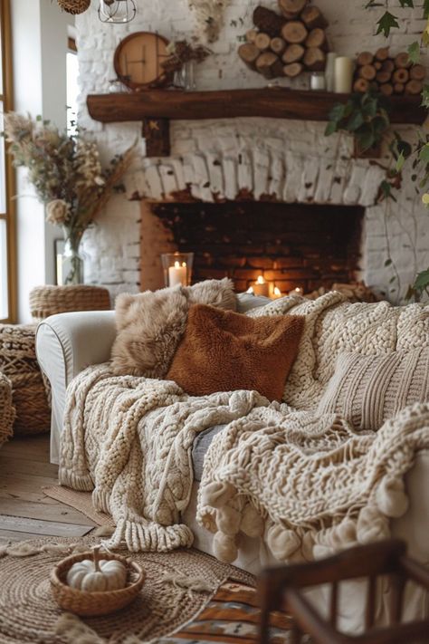 Autumn Boho Decor, Cozy Home Inspiration, Crochet Living Room, Boho Autumn Decor, Cottage Fall Decor, Boho Moody, Boho Fall Decor, Autumn Living Room, Fall Living Room