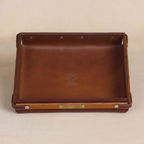 Keep dressertop clutter to a minimum with a leather valet tray to catch loose change and more. Leather Working Station, Leather Catch All Tray, Leather Desk Accessories, Leather Valet Tray, Leather Organizer, Saltwater Flies, Leather Tray, Leather Organization, Valet Tray