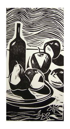 Still-life with fruits and wine bottle - linoleum cut print, 1992 Jorge Luis Somarriba Linoleum Printmaking, Woodcut Tattoo, Relief Printmaking, Woodcut Art, Linoleum Print, Linocut Printmaking, Lino Art, Linocut Art, White Drawing