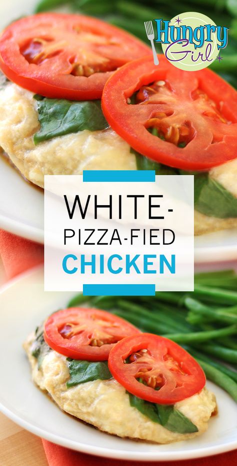 15-Minute White-Pizza Chicken Recipe | Hungry Girl Colorado Recipes, Healthy Chicken Recipe, Pizza Chicken, Chicken Breast Cutlet, Hungry Girl Recipes, White Pizza, Hungry Girl, Healthy Lunches, Healthy Recipies