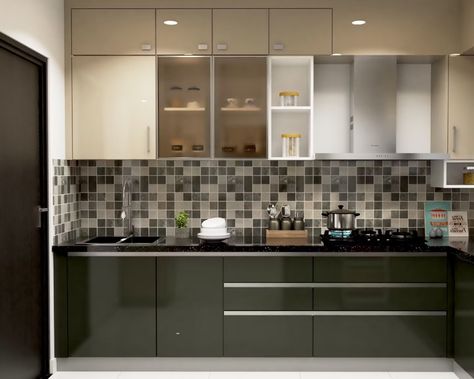 Modular L Shaped Kitchen Design With Multicoloured Mosaic Dado Tiles | Livspace Kitchen Interior Indian, Kitchen Cupboards Design Colour, Dado Tiles, L Shaped Kitchen Interior, Kitchen Cupboards Design, Low Floor Bed, Modern L Shaped Kitchens, L Shape Kitchen Design, Latest Modular Kitchen Design