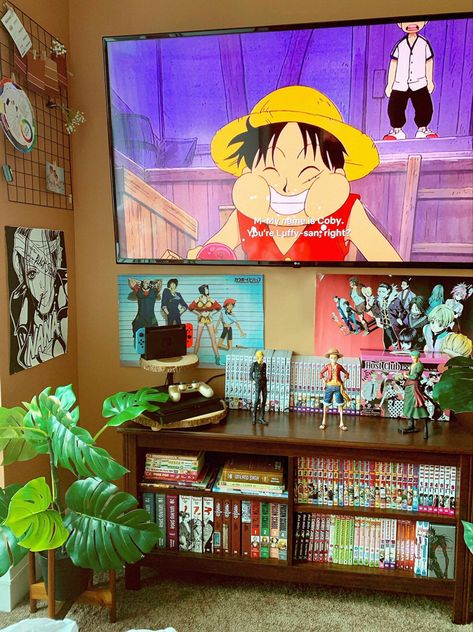 One Piece Room Decor, Manga Bedroom, Shelving Manga, Anime Bedroom Background, Manga Room, Room Anime, Manga Shelf, Anime Bedroom Ideas, Anime Bedroom