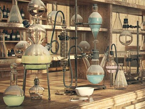 Chemical Laboratory Aesthetic, Medieval Scientist Aesthetic, Laboratory Aesthetic, Mad Scientist Laboratory, Laboratory Art, Science Bottle, Chemical Storage, Mad Scientist Lab, Chemical Laboratory