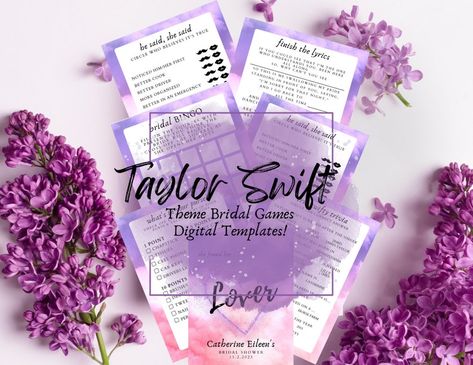 Lover Bridal Shower Theme, Taylor Swift Bridal Shower Ideas, Swiftie Bachelorette, Taylor Swift Bachelorette Party, Shower 2023, Lover Wedding, Wedding Shower Themes, Bridal Bingo, Bridal Games