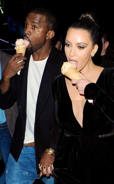 Kanye West and Kim Kardashian Kanye West And Kim, Kim Kardashian Kanye West, Black Celebrity News, Kim And Kanye, Kim Kardashian And Kanye, Eating Ice, Kardashian Family, Eating Ice Cream, Famous Couples