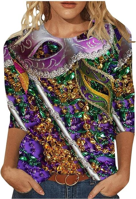 3/4 Sleeve Plus Size Shirts Womens 2024 Mardi Gras Carnival Tshirts Loose Dressy Blouses Trendy Crewneck Basic Tops at Amazon Women’s Clothing store Dressy Blouses, Christmas Shirts For Women, Trendy Crewneck, Mardi Gras Carnival, Dressy Blouse, Summer Fashion Dresses, Shirts For Women, Basic Tops, Dressy Casual