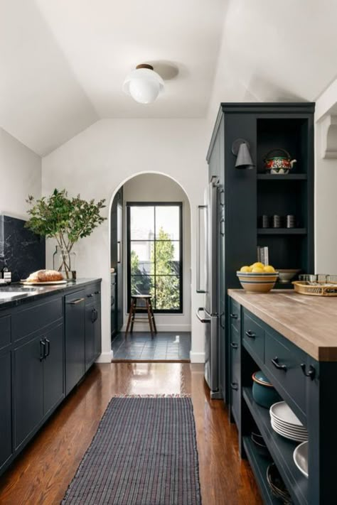 Butcher-block countertops are affordable, timeless, repairable, and functional. Butcher-block can be used as a countertop for your entire kitchen, or only as a surface for your kitchen island. Butcher-block countertops can last a good 20 years with good care. Sealing the countertop about once every two months with a nontoxic sealant can prevent water damage and stains. Sherwood Kypreos, Kitchen Blue Cabinets, Butcher Block Kitchen Countertops, Schoolhouse Kitchen, Bathroom Half Bath, Butcher Block Countertops Kitchen, Boho Grandma, Office Addition, French Country Style Kitchen