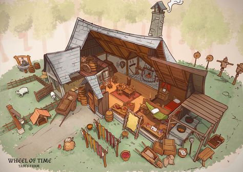 Medieval Farm Concept Art, Farmhouse Concept Art, The Eye Of The World, Medieval Farm, Cutaway Illustration, Valheim Builds, Anime Rooms, Eye Of The World, Hut Interior