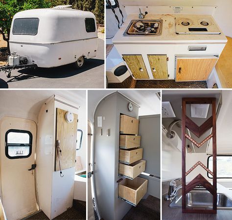 Casita Travel Trailers Remodel, Scamp Camper Interior, 13 Ft Scamp Trailer Remodel, Fiberglass Camper Remodel, Small Travel Trailer Remodel Diy, Scamp Trailer Interior, Trillium Trailer Remodel, Scamp Trailer Storage Ideas, Scamp Camper Remodel