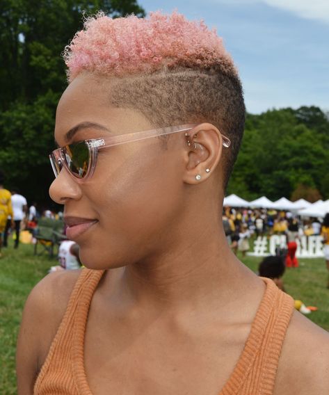 Rose Gold Twa Natural Hair, Pink Twa, Twa Mohawk, Wavy Natural Hair, Natural Hair Twa, Short Fade Haircut, Short Natural Haircuts, Shaved Hair Designs, Twa Hairstyles