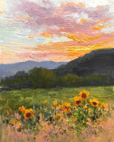 Sunflowers in the setting sun,... - Julia Lesnichy Fine Art Sunflower Pastel Art, Sunflower Oil Pastel, Studio Painting, Sunflower Garden, Pastel Paintings, The Setting Sun, Oil Pastel Art, Sunflower Art, Sunflower Painting