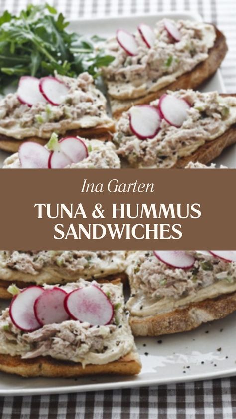 Ina Garten Tuna & Hummus Sandwiches Tuna Sandwich Ideas, Tuna Hummus, Hummus Sandwich, Creamy Hummus, Homemade Hummus, Light Dinner, Tasty Bites, Tuna Salad, Nutritious Meals