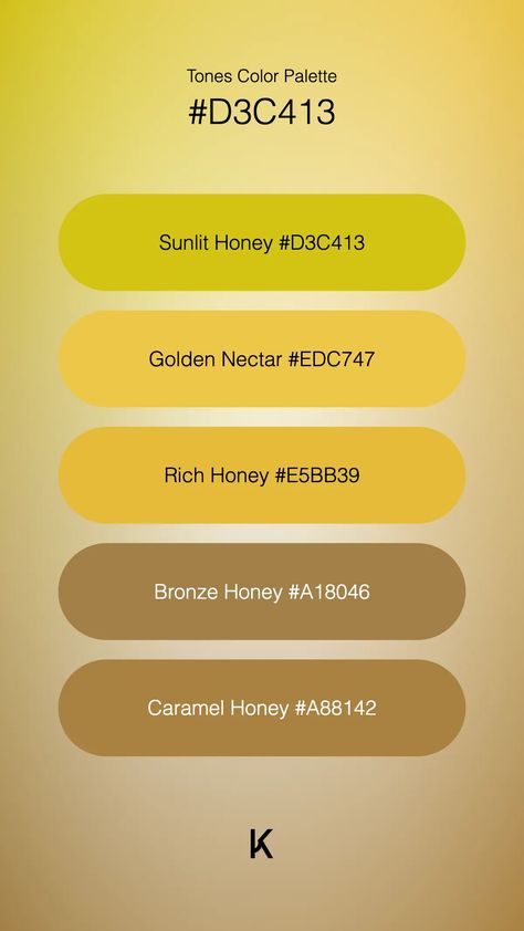 Tones Color Palette Sunlit Honey #D3C413 · Golden Nectar #EDC747 · Rich Honey #E5BB39 · Bronze Honey #A18046 · Caramel Honey #A88142 All Colours Name, Unique Tapestry, Hex Color Palette, Color Meanings, Hex Colors, Color Names, Unique Colors, All The Colors, Color Palette