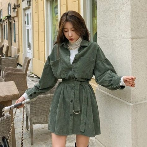 Corduroy Dress Outfit Winter, Curdoroy Dress, Shirt Dress Outfit Winter, Outfit Ideas Korean Skirts, Corduroy Dress Outfit, Korean Fashion Kpop Bts, Korean Fashion Summer Dresses, Korean Fashion Summer Casual, Cute Korean Fashion