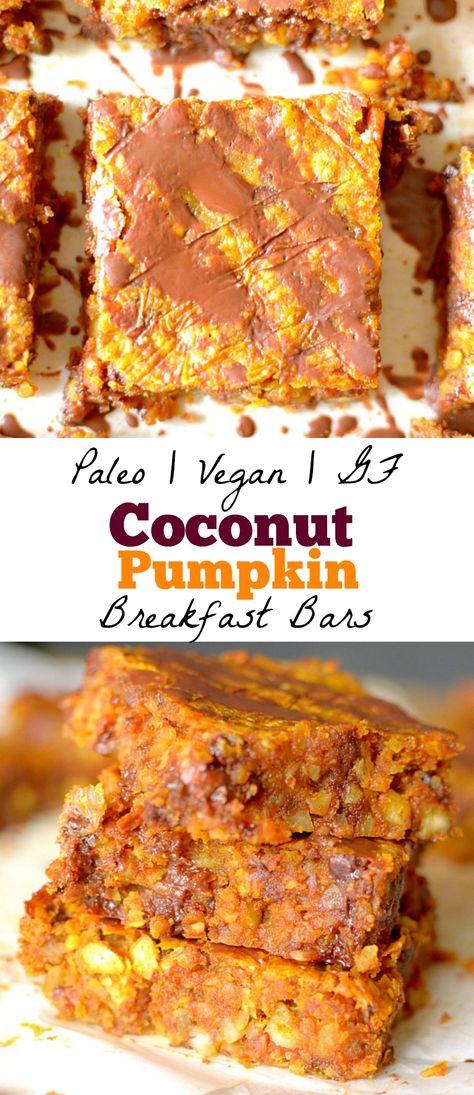 Need a healthy grab n' go breakfast? Make these delicious Paleo Coconut Pumpkin Breakfast Bars for the perfect way to satisfy your early morning appetite! Whole30 Pumpkin Breakfast, Vegan Pumpkin Breakfast Bars, Paleo Pumpkin Bars Recipe, Whole 30 Pumpkin Breakfast Bake, Paleo Pumpkin Bars, Pumpkin Breakfast, Grab And Go Breakfast, Paleo Pumpkin, Paleo Baking