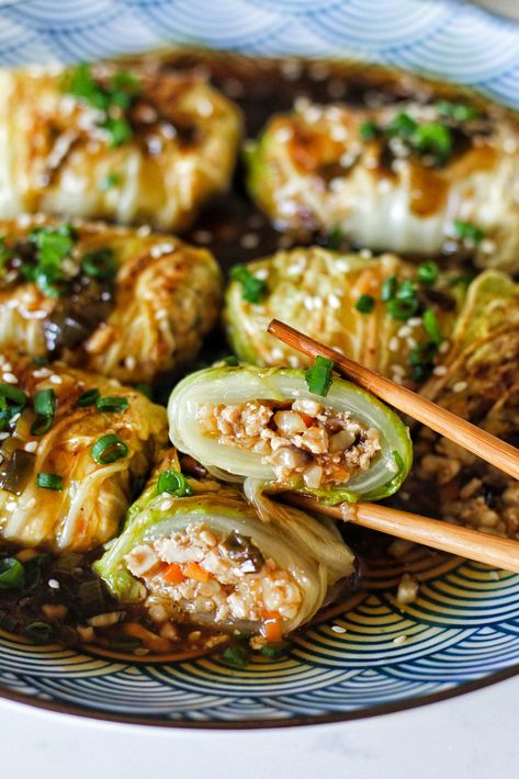 Chinese Stuffed Cabbage Rolls, Tofu With Cabbage, Cabbage Rolls Vinegar, Vegetable Cabbage Rolls, Crispy Cabbage Rolls, Napa Cabbage Wraps, Tofu Cabbage Recipes, Napa Cabbage Recipes Vegan, Tofu Cabbage Rolls