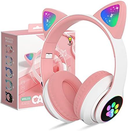 KERHAND Bluetooth Headphones for Kids, Cute Ear Cat Ear LED Light Up Foldable Headphones Stereo Over Ear with Microphone/TF Card Wireless Headphone for iPhone/iPad/Smartphone/Laptop/PC/TV (PIink) Kitty Headphones, Headphones Ideas, Cute Headphones, Computer Gifts, Kids Headphones, Amazon Devices, Headphones With Microphone, Wired Headphones, Cat Ear