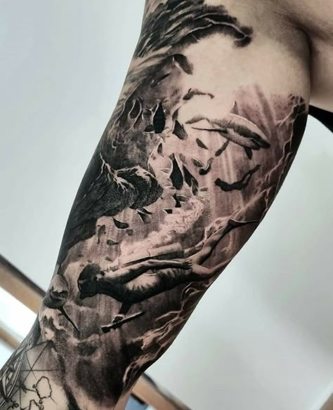 Under Water Sleeve Tattoo, Sea Tattoo Ideas Sleeve, Ocean Realism Tattoo, Under Ocean Tattoo, Ocean Theme Leg Sleeve, Underwater Theme Tattoo, Ocean Theme Sleeve Tattoo, Ocean Sleeve Tattoos For Guys, Underwater Sleeve Tattoo