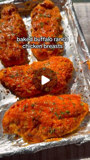 Shay Spence on Instagram: "baked buffalo ranch chicken. full recipe below 🫶 BAKED BUFFALO RANCH CHICKEN BREASTS 4 oz. Parmesan cheese (about 1/3 cup grated) 5 oz. bag croutons 1 Tbsp. ranch seasoning 2 eggs 1 cup Buffalo hot sauce, divided 4 chicken breast cutlets Cooking spray Chopped fresh parsley, for garnish (optional) Preheat oven to 425F. In a food processor, pulse together parmesan, croutons and ranch seasoning; transfer to bowl. In a large bowl, whisk together eggs with 1/4 cup of the hot sauce. Add chicken to the bowl and drip off any excess egg before coating each in the breadcrumb mixture. For a sturdier breading, repeat again for a double coating. Line a sheet tray with aluminum foil and spray with cooking spray. Place chicken on the tray and spray to top with cooking spra Buffalo Chicken Parmesan, Chicken In A Biskit Crackers Recipe, Chicken Breast Boneless Recipes, Cornflake Chicken Breast, Baked Buffalo Chicken Breast, Shay Spence, Buffalo Chicken Bake, Chicken Breast Cutlets, Buffalo Hot Sauce